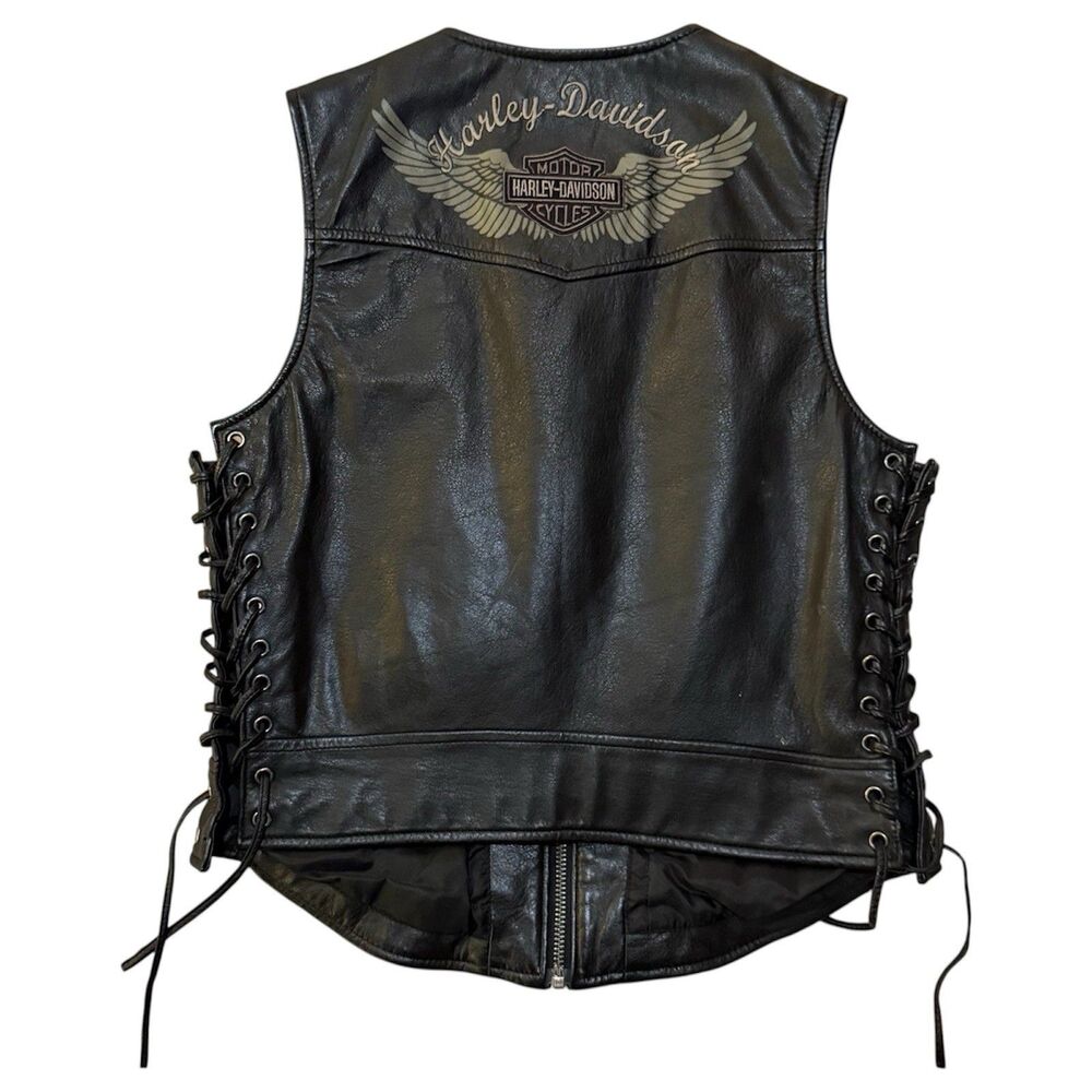 Vintage Harley Davidson Womens Leather Vest Sz M Winged Logo Lace Up Embroidered